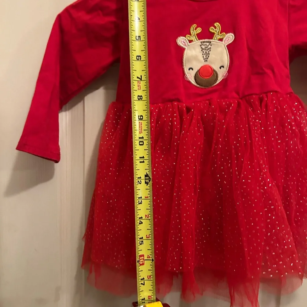 Festive Red long sleeve Tutu Dress with Reindeer Design - size 12-18 months